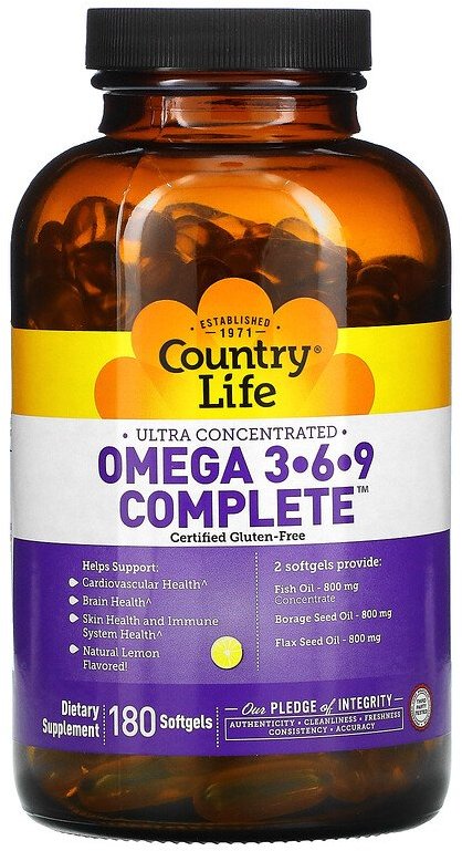 

Country Life Omega 3-6-9 Комплекс омега 3-6-9 со вкусом лимона 180 мягких капсул