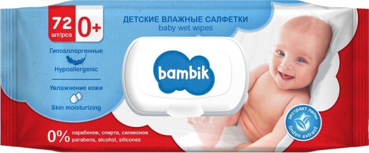 

Bambik Салфетки влажные детские с первых дней жизни с экстрактом липы, 72 шт.с клапаном