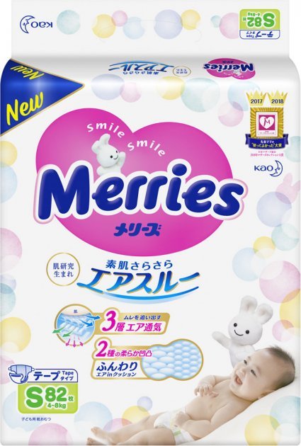 

Подгузники Merries для детей S 4-8 кг 82 шт (4901301230812)