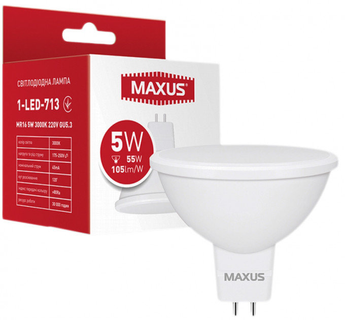 

Светодиодная лампа Maxus MR16 5W 3000K 220V GU5.3 (1-LED-713)