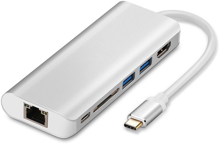 

Wiwu Adapter H1 Plus USB-C to USB-C+RJ45+HDMI+SD+3xUSB3.0 Hub Silver (6957815504596)