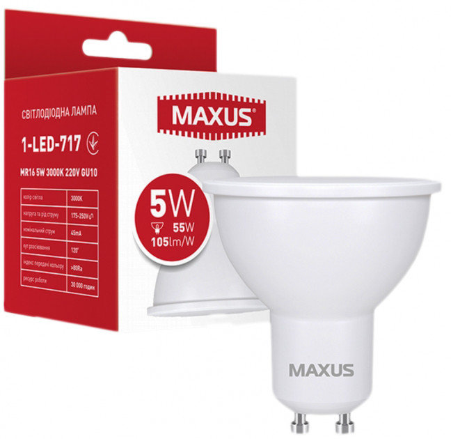 

Светодиодная лампа Maxus MR16 5W 3000K 220V GU10 (1-LED-717)