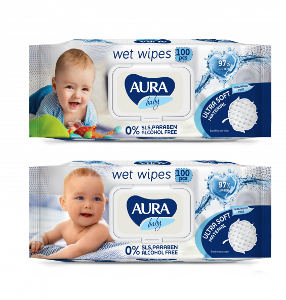 

Aura Baby Детские влажные салфетки Baby 97% воды с клапаном 100 шт.