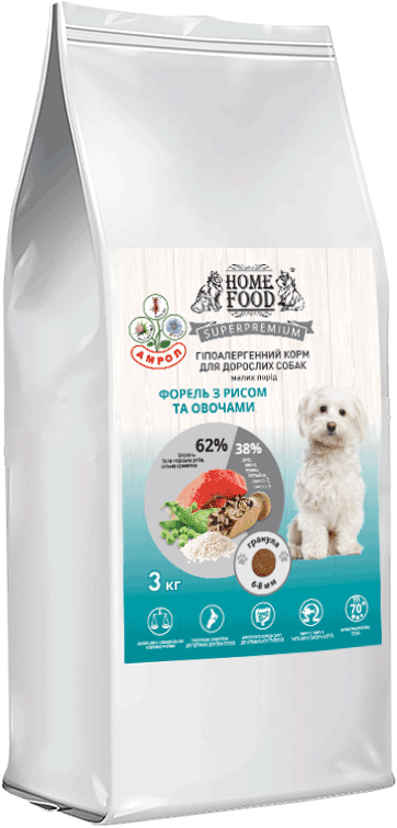 

Сухой корм гипоаллергенный Home Food для собак малых пород Форель с рисом и овощами 3 кг (4828331670300)