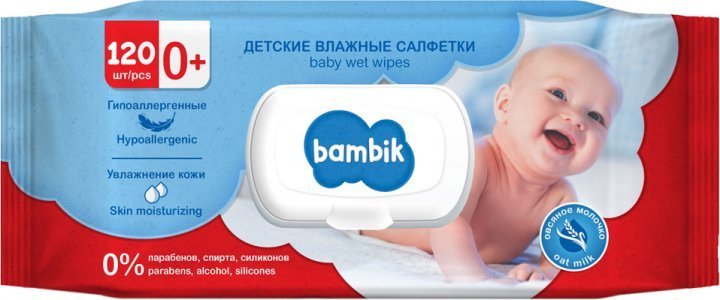 

Bambik Салфетки влажные детские с первых дней жизни с овсяным молочком, 120 шт. с клапаном