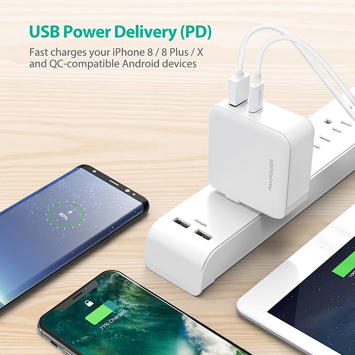 

RavPower Usb Wall Charger Quick Charge Usb and USB-C 45W White (RP-PC081WH)