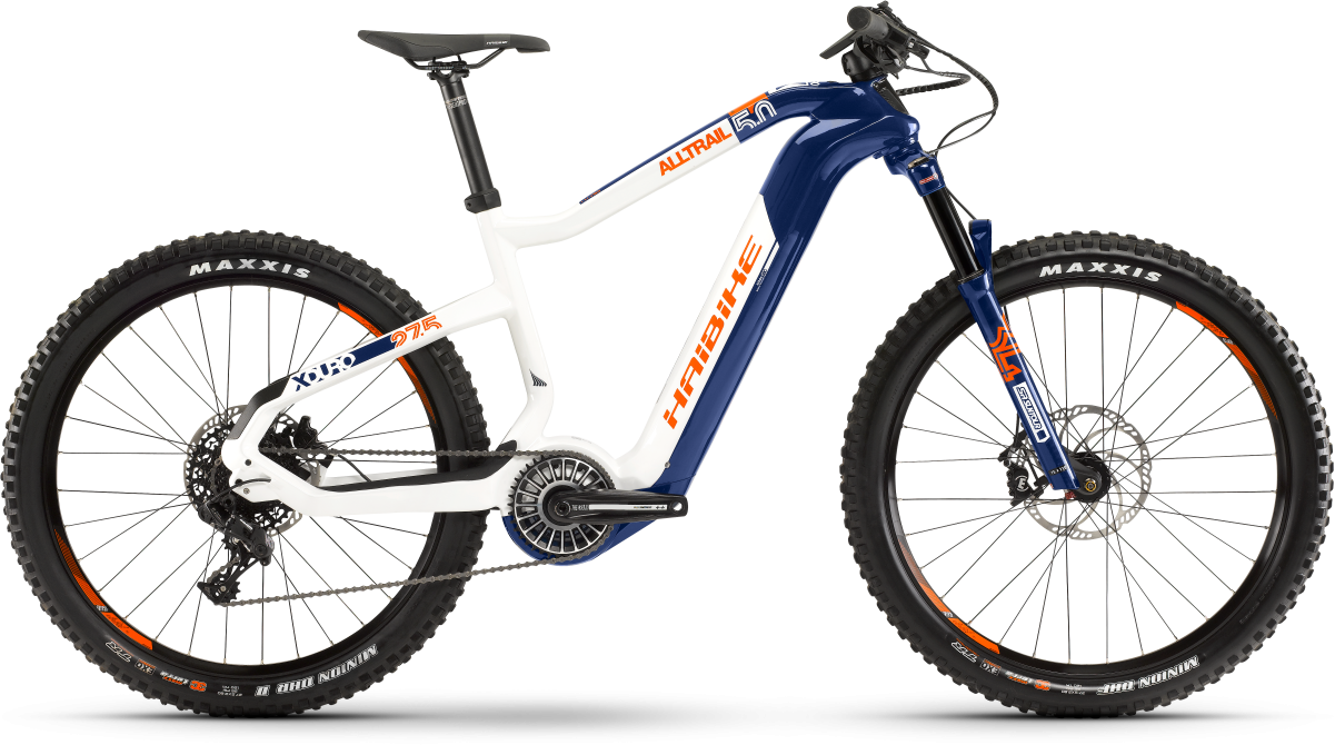 

Электровелосипед Haibike Flyon Xduro AllTrail 5.0 i630Wh 11 s. Nx 19 Hb 27.5", рама M, сине-бело-оранжевый, 2020