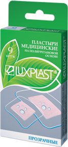 

Лейкопластыри Luxplast Прозрачные на полиуретановой основе 2 вида 9 шт