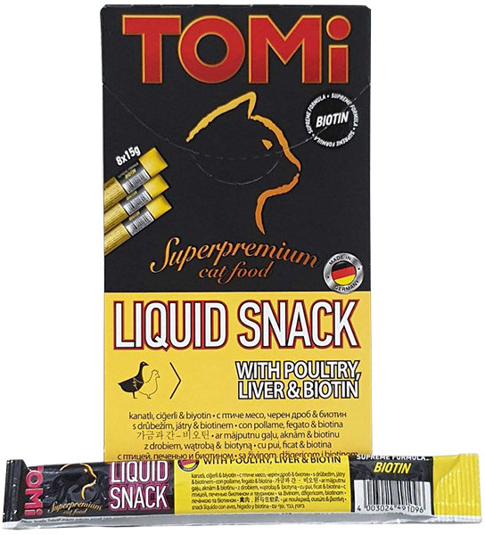 

Лакомство TOMi Liquid Snack Poultry, Liver&Biotin жидкое со вкусом птицы и печени с биотином для котов 15 г