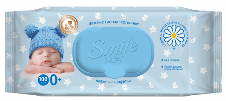 

Smile Baby Детские влажные салфетки с экстрактом ромашки, алоэ с клапаном 100 шт.