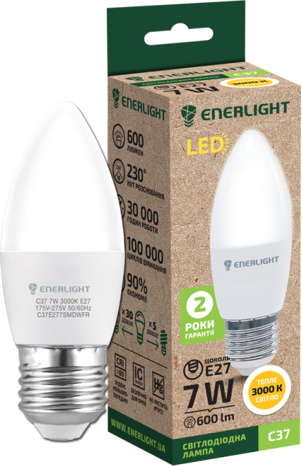 

Светодиодная лампа Led Enerlight С37 7Вт 3000K E27