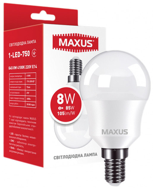 

Светодиодная лампа Maxus G45 8W 4100K 220V E14 (1-LED-750)