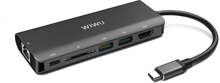 

Wiwu Adapter H1 Plus USB-C to USB-C+RJ45+HDMI+SD+3xUSB3.0 Hub Gray (6957815504312)