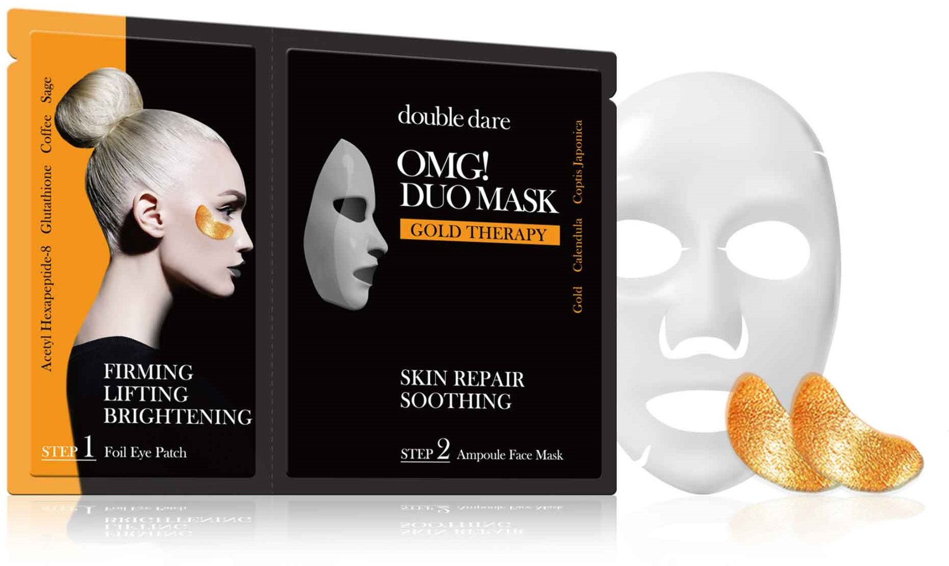 

Double Dare OMG! Duo Mask Gold Therapy Комплекс двухкомпонентный из маски и патчей Duo Смягчение и восстановление»