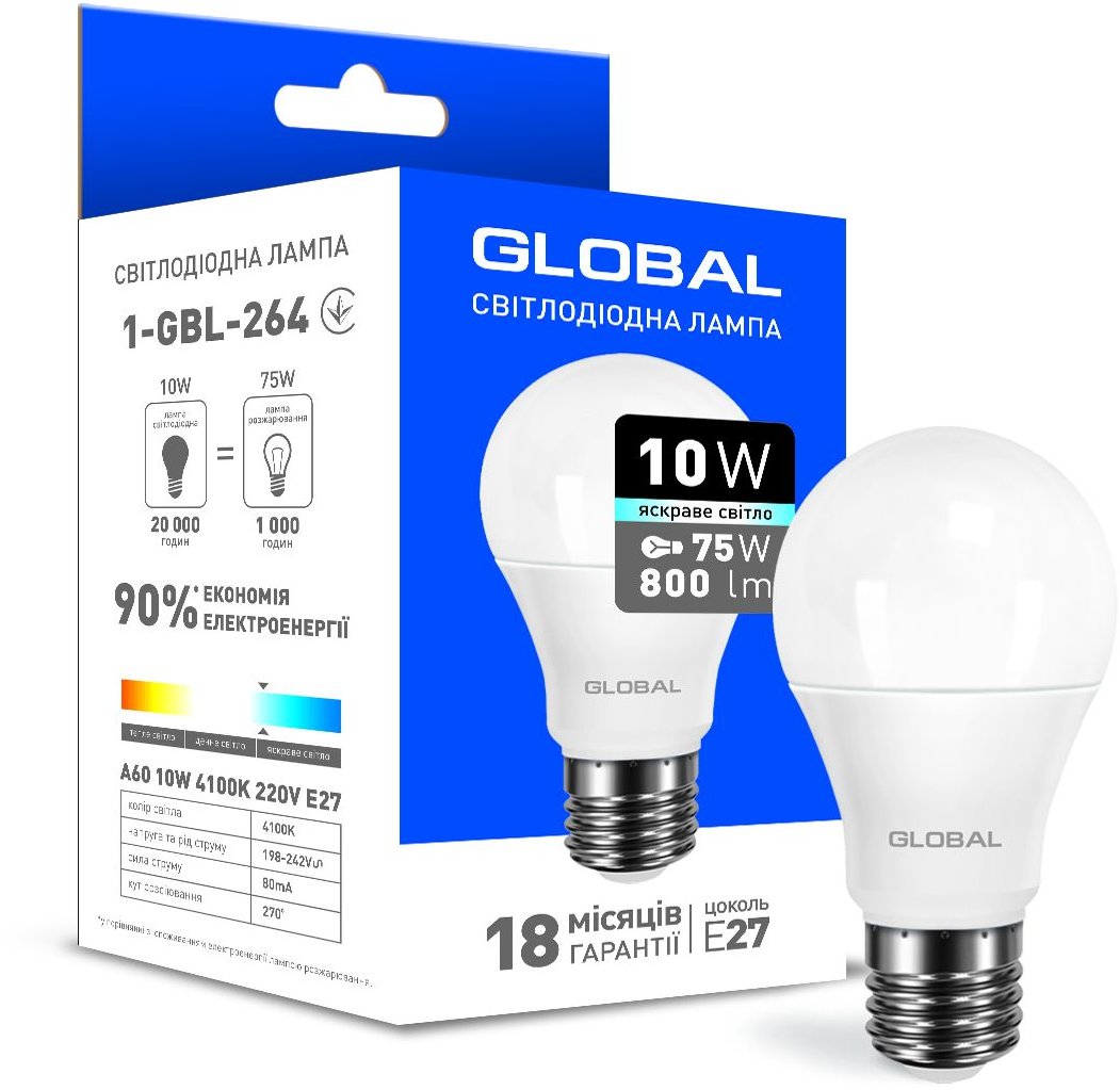 

Светодиодная лампа Global A60 10W 4100K 220V E27 (1-GBL-264)