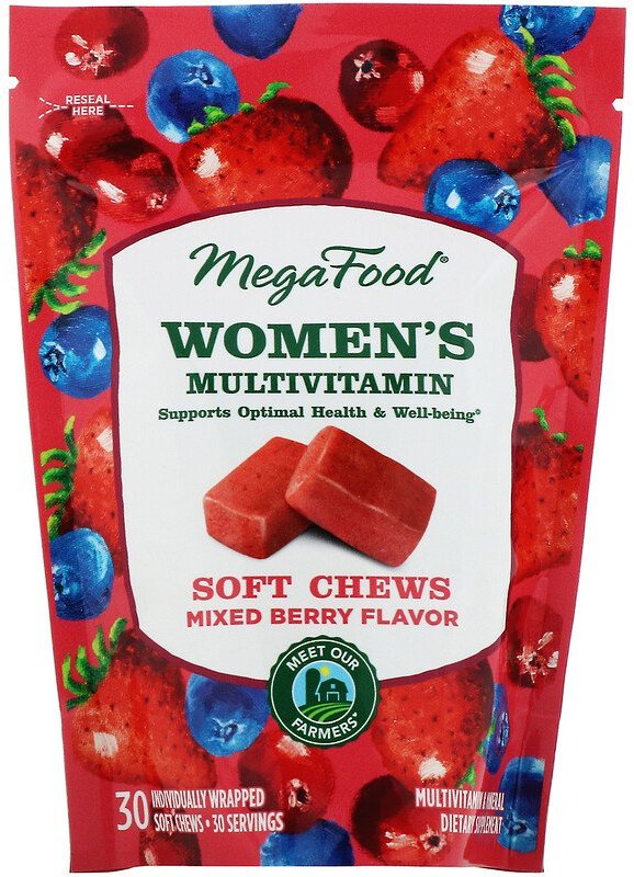 

MegaFood Women's multivitamin Мультивитамины для женщин со вкусом ягод 30 жевательных конфет