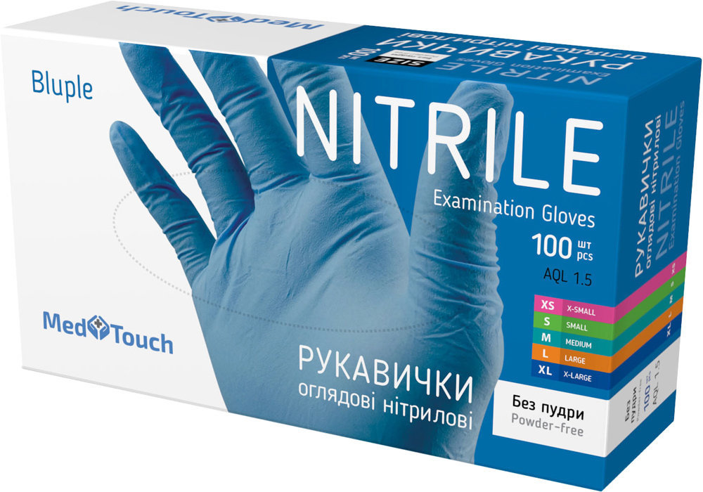 

Перчатки одноразовые MedTouch нитриловые без пудры, синие, L, 100 шт.