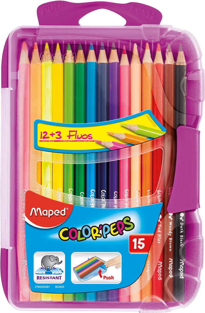 

Карандаши цветные Color Peps Flex Box, 15 карандашей (3 флуоресцентных), малиновый пенал, Maped