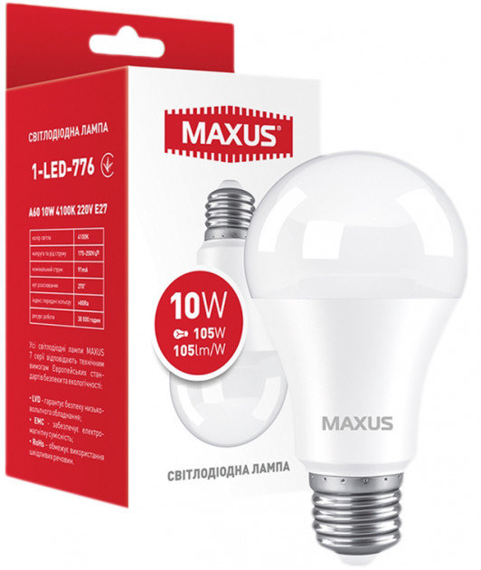 

Светодиодная лампа Maxus A60 10W 4100K 220V E27 (1-LED-776)